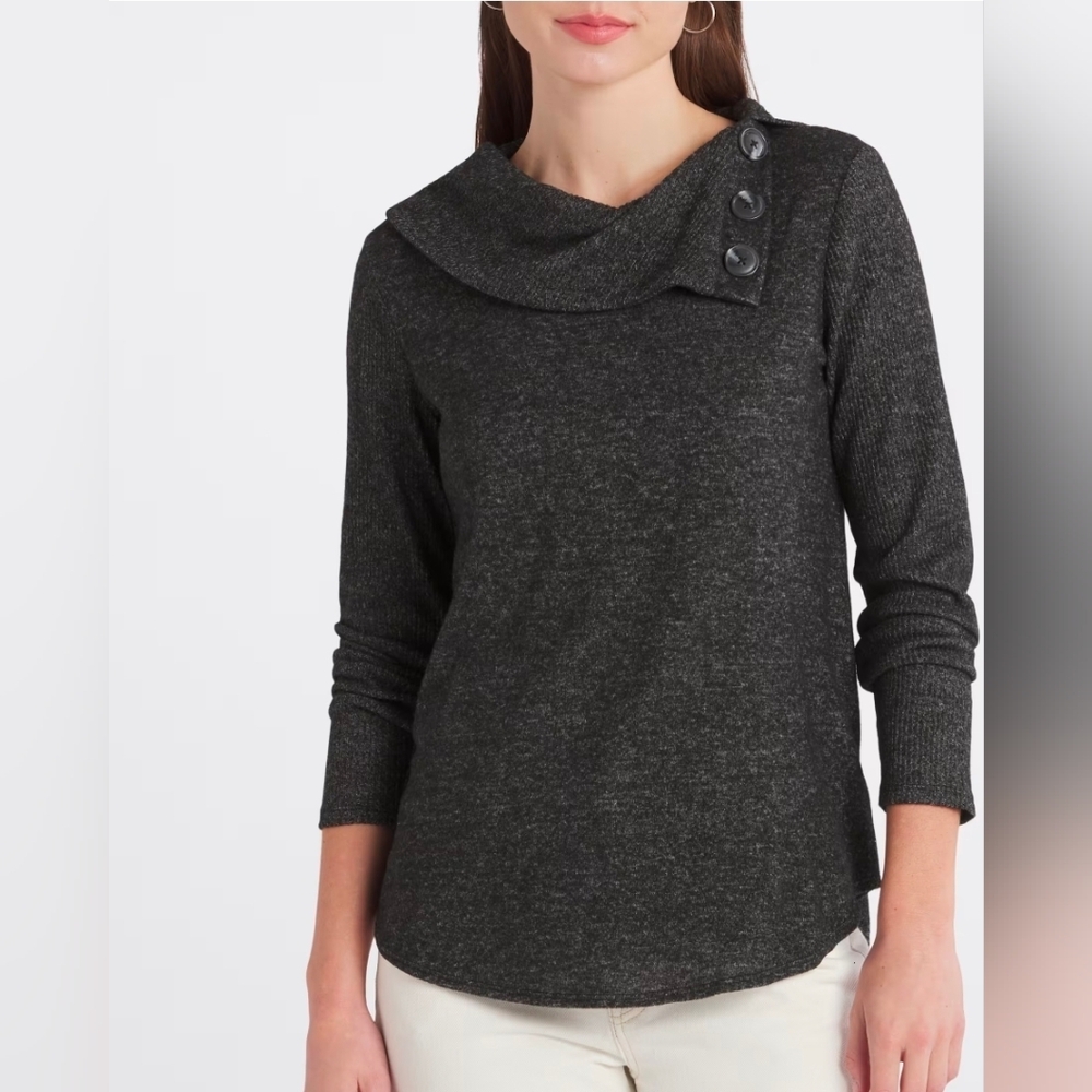 Fortune + Ivy, Kaavia Button Detail Brushed Knit Top, Dark Gray - Picture 4 of 4